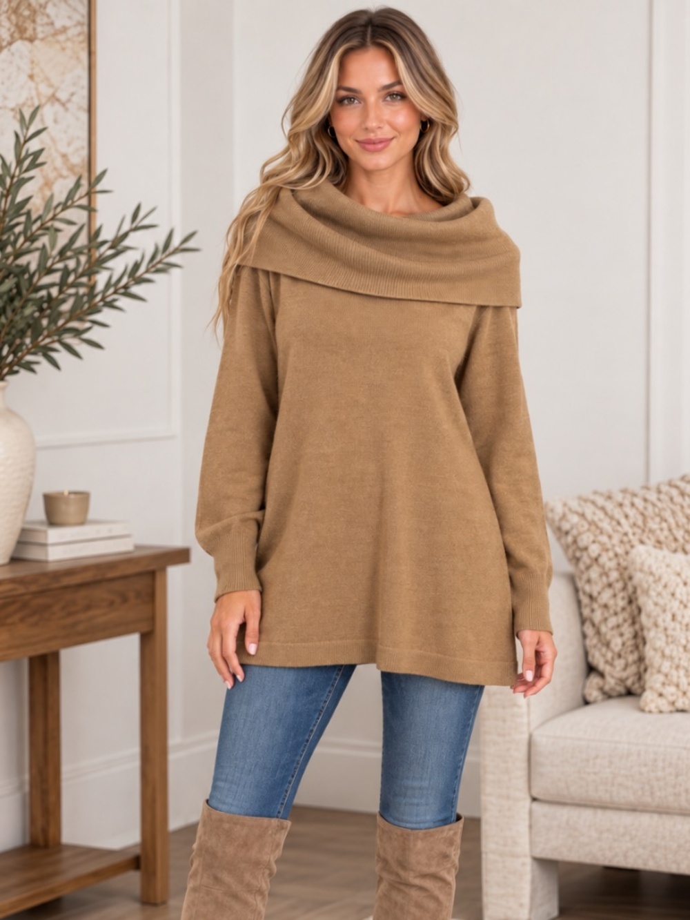 French Connection Camel Cowl Neck Sweater